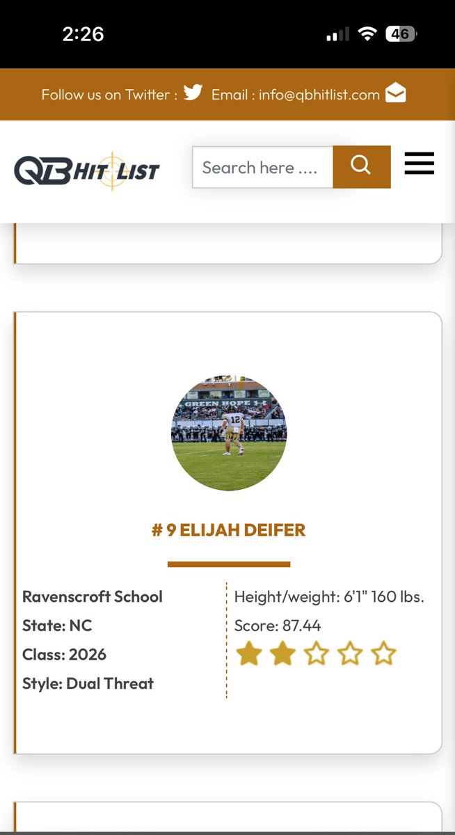 Elijah Deifer (@deiferelijah) on Twitter photo Thank you to <a href="/QBHitList/">QBHitList.com</a> for the ranking and recognition excited for the off season to get better and be ready for a big senior season!!
<a href="/Ravens_FB1862/">Ravenscroft Football</a> <a href="/CoachPeff/">Alex Peffley</a> <a href="/CoachTJD/">TJ DiMuzio</a> <a href="/CoachDaft/">Kevin Daft</a> <a href="/PrepRedzoneNC/">Prep Redzone North Carolina</a> <a href="/elite360recruit/">ELITE 360 Recruiting</a> <a href="/919recruits/">919recruits</a> Thank you to <a href="/QBHitList/">QBHitList.com</a> for the ranking and recognition excited for the off season to get better and be ready for a big senior season!!
<a href="/Ravens_FB1862/">Ravenscroft Football</a> <a href="/CoachPeff/">Alex Peffley</a> <a href="/CoachTJD/">TJ DiMuzio</a> <a href="/CoachDaft/">Kevin Daft</a> <a href="/PrepRedzoneNC/">Prep Redzone North Carolina</a> <a href="/elite360recruit/">ELITE 360 Recruiting</a> <a href="/919recruits/">919recruits</a>