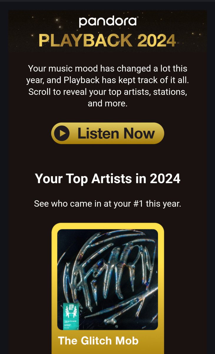 TKKNMSTR's tweet photo. Pandora next, no shareable link though. I'll put something for the first song that loads when I click the link they gave me in the email. #Pandora #Wrap #Wrapped #Recap #Recapped #2024 #Gaming
I imagine @theglitchmob is also one of my top played Spotify artists too. https://t.co/laKgmCQnVY