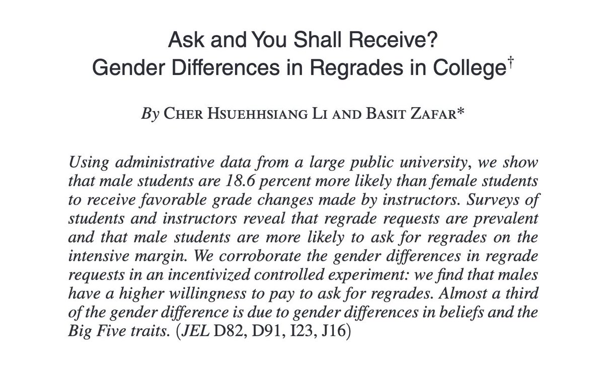 JohnHolbein1's tweet photo. "We show that male [college] students are 18.6% more likely than female students to receive favorable grade changes." https://t.co/b0OScIQOTx