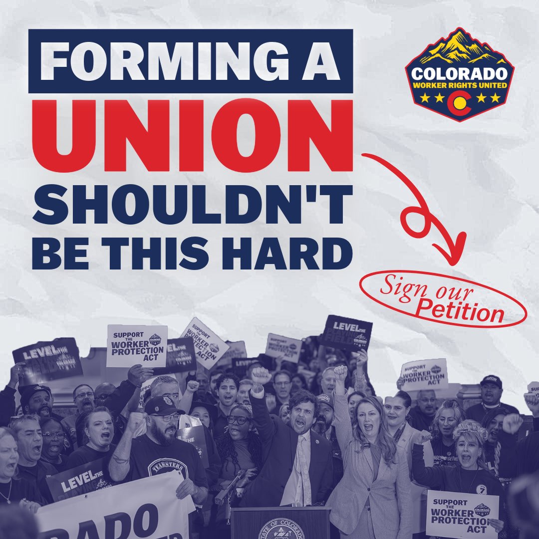 AFLCIOCO's tweet photo. Workers deserve a voice! ✊ CO's outdated labor laws make it tough to negotiate fair pay &amp; safe workplaces.  Tell elected officials to modernize laws &amp; empower workers!

Sign our petition: https://t.co/M4u5rOtxFR

#ColoradoWorker #UnionStrong #LaborMovement https://t.co/PO57e7bfk4