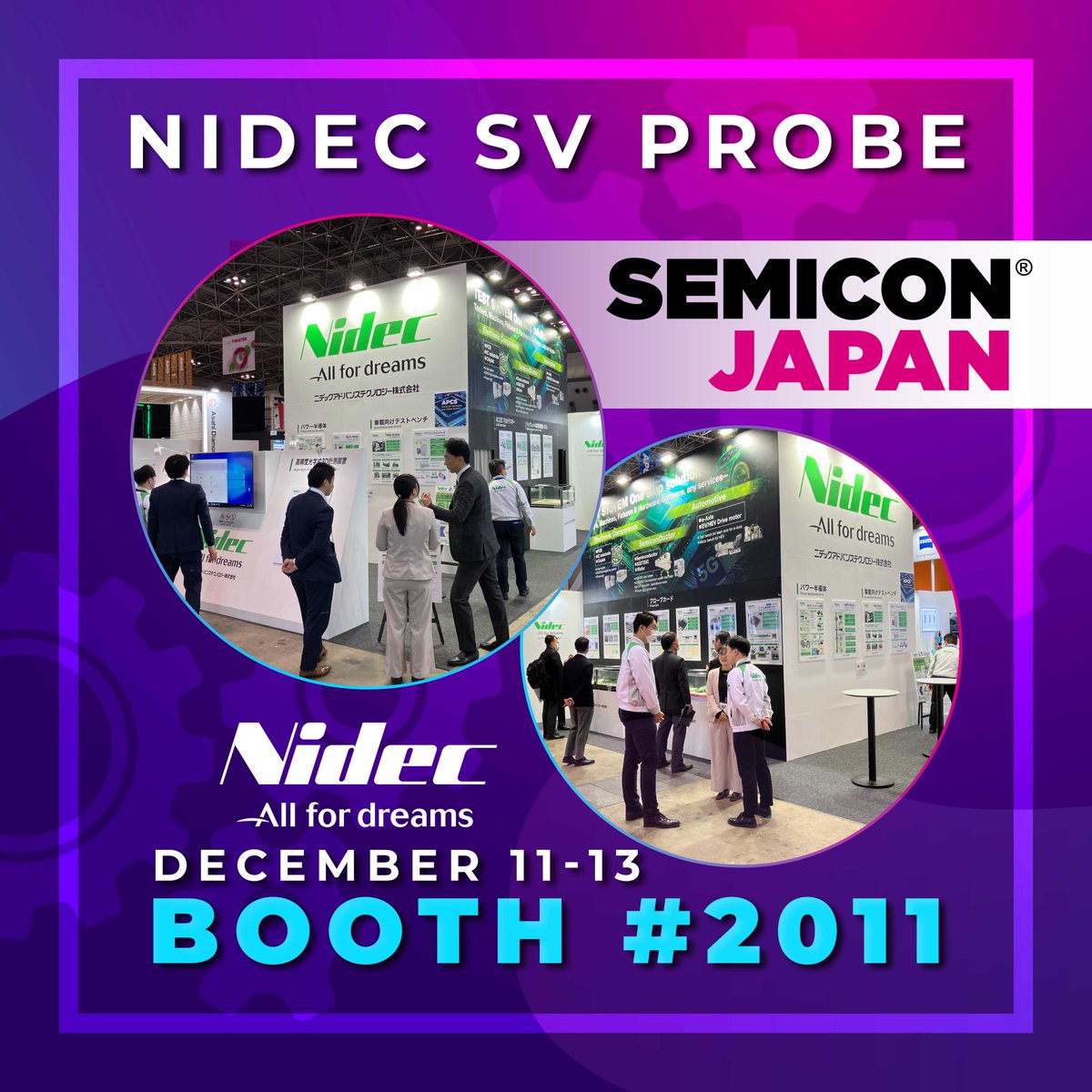 nidecsvprobe's tweet image. You still have time to stop by Booth 2011 at #SEMICONJAPAN2024! NIDEC SV PROBE is exhibiting with parent company, Nidec Advance Technology. Visit to learn more about how the two companies work together to provide a one-stop testing system.
#probecards #semiconductortest