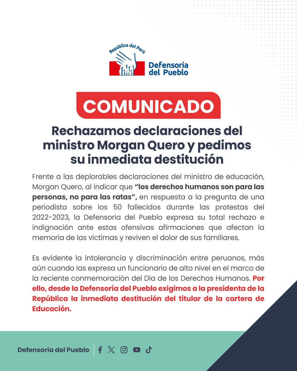 #Comunicado 🚨Rechazamos declaraciones del ministro Morgan Quero y pedimos su inmediata destitución.
✅Conoce más 👉tinyurl.com/3nx8x2pu
#DDHH