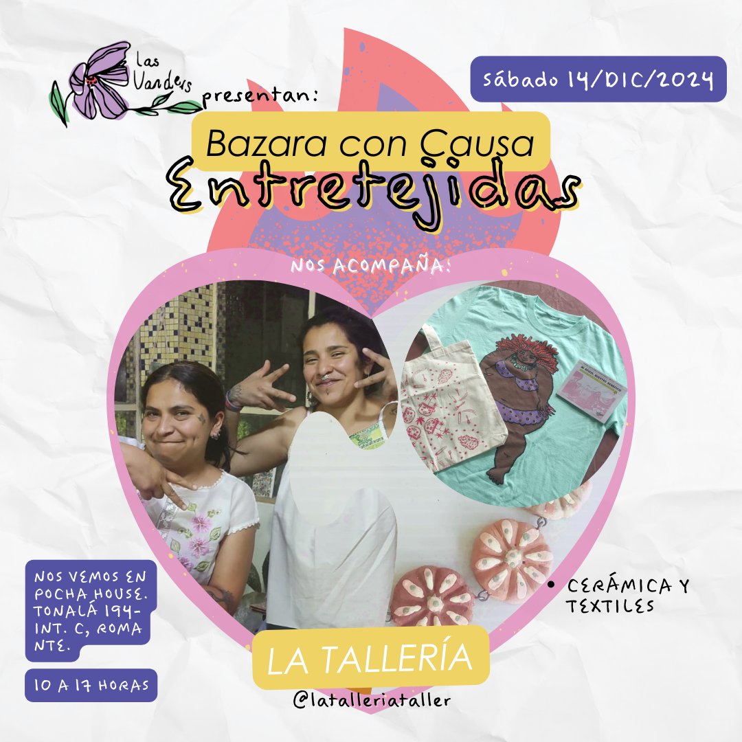 🎨 La Tallería estará en ENTRETEJIDAS.

Este proyecto nos trae productos textiles y cerámica, creados con dedicación y un toque único. Perfectos para quienes valoran el diseño artesanal. 💜
📅 Sábado 14 de diciembre
⏰ De 10 a 17 horas
📍 Pocha House, Tonalá 194-C, Roma Nte, CDMX