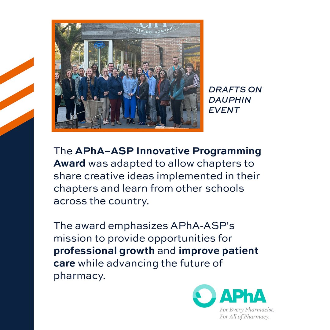Congratulations to the HCOP chapter of APhA-ASP on being selected as the President's Choice for the  Innovative Programming Award! The chapter was selected for its collaboration with the NCPA chapter on Drafts on the Tracks &amp; Drafts on Dauphin.

#WarEagle | #InnovatingPharmacy