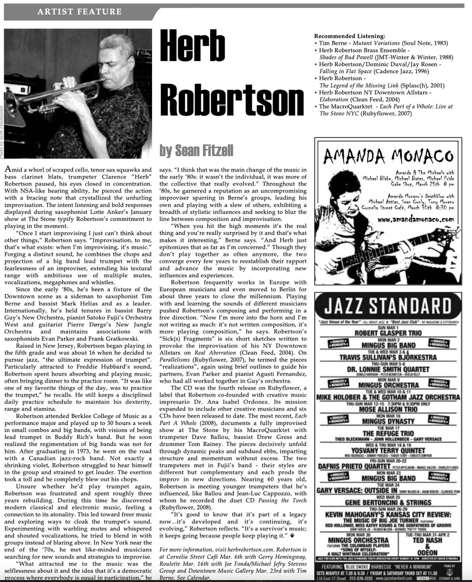 nycjazzrecord's tweet photo. RIP Trumpeter Herb Robertson (Feb. 21st, 1951 - Dec. 10th, 2024) who died age 73. His activity since early '80s w/@screwgub Mark Helias, Joe Fonda/Michael Jefry Stevens Grp, dozen+ albums as leader/co-leader revealed Robertson to be one-of-a-kind. See March '09 TNYCJR feature... https://t.co/mDZzlhSgR5