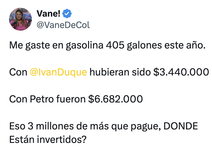YoAlejoV's tweet photo. O sea que Petro tenía razón: le estábamos subsidiando la gasolina a los ricos que no quieren subsidios. https://t.co/5LCEBsYtNS