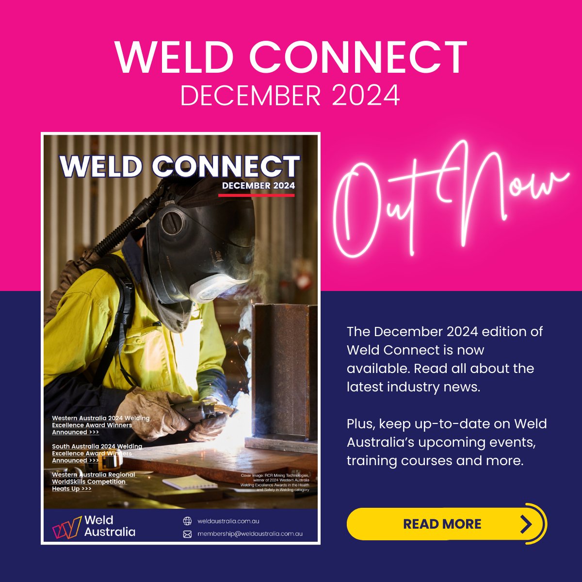 WeldAustralia's tweet photo. The December edition of #WeldConnect is out now!
Read all about the winners of the WA & SA #Welding Excellence Awards, learn about TAFE NSW's new #Manufacturing Centres of Excellence, and discover WorldSkills regional AR reality welding competitions.
https://t.co/WJwrkKQWQ3 https://t.co/q6QPXzgOM6