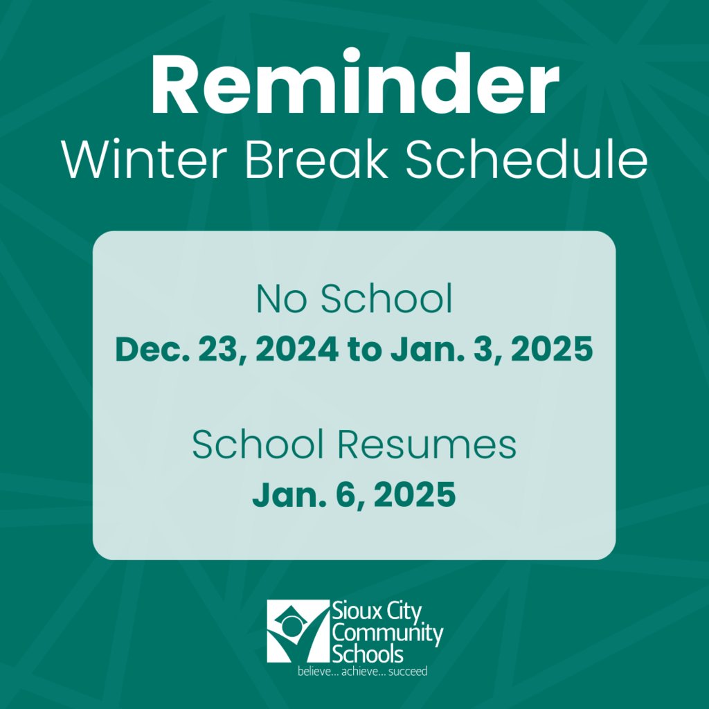 Reminder #SCCSD Families:

❄️Friday, 12-20-24 will be a regularly scheduled 2-hour early dismissal. 
❄️There will be no school from Monday, 12-23-24, through Friday, 1-3-25, for winter break. 
❄️School will resume on Monday, 1-6-25. It will be an A day for secondary students.