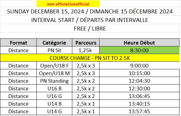 Unofficial schedule‼️ subject to change! Horaire non officiel, sujet à changement ! Verify with coaches meeting and Zone 4 start lists Vérifiez avec les listes de réunion des entraîneurs et de départ de la zone 4.