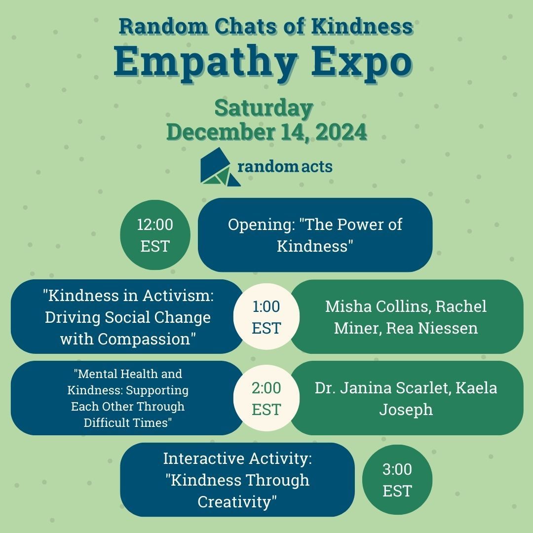 RandomActsOrg's tweet image. The time has come! We finally get to share the schedule for the #RAEmpathyExpo! What panels are you most excited for? Mark your calendars and register here to join us! buff.ly/3AMGcM3