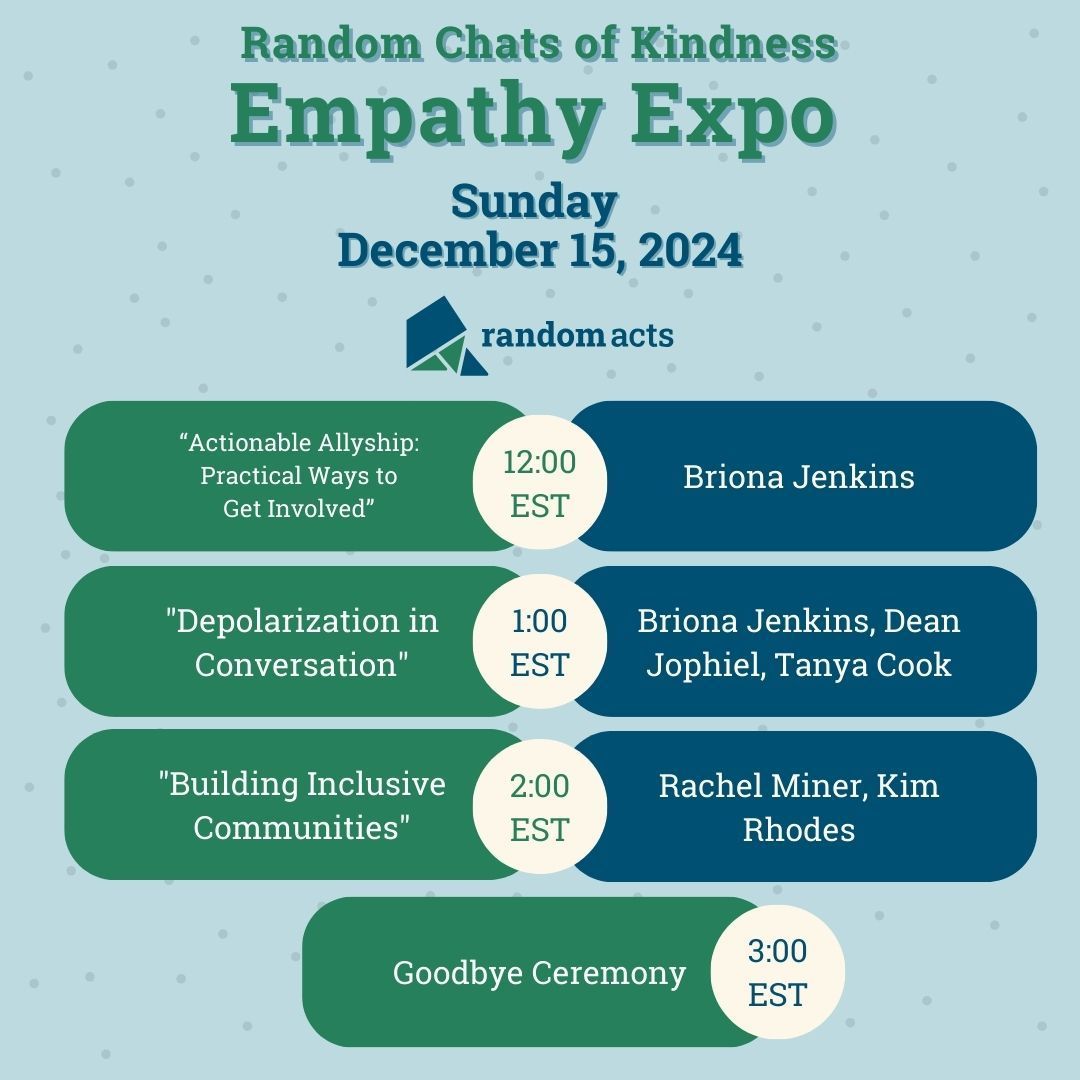 RandomActsOrg's tweet image. The time has come! We finally get to share the schedule for the #RAEmpathyExpo! What panels are you most excited for? Mark your calendars and register here to join us! buff.ly/3AMGcM3