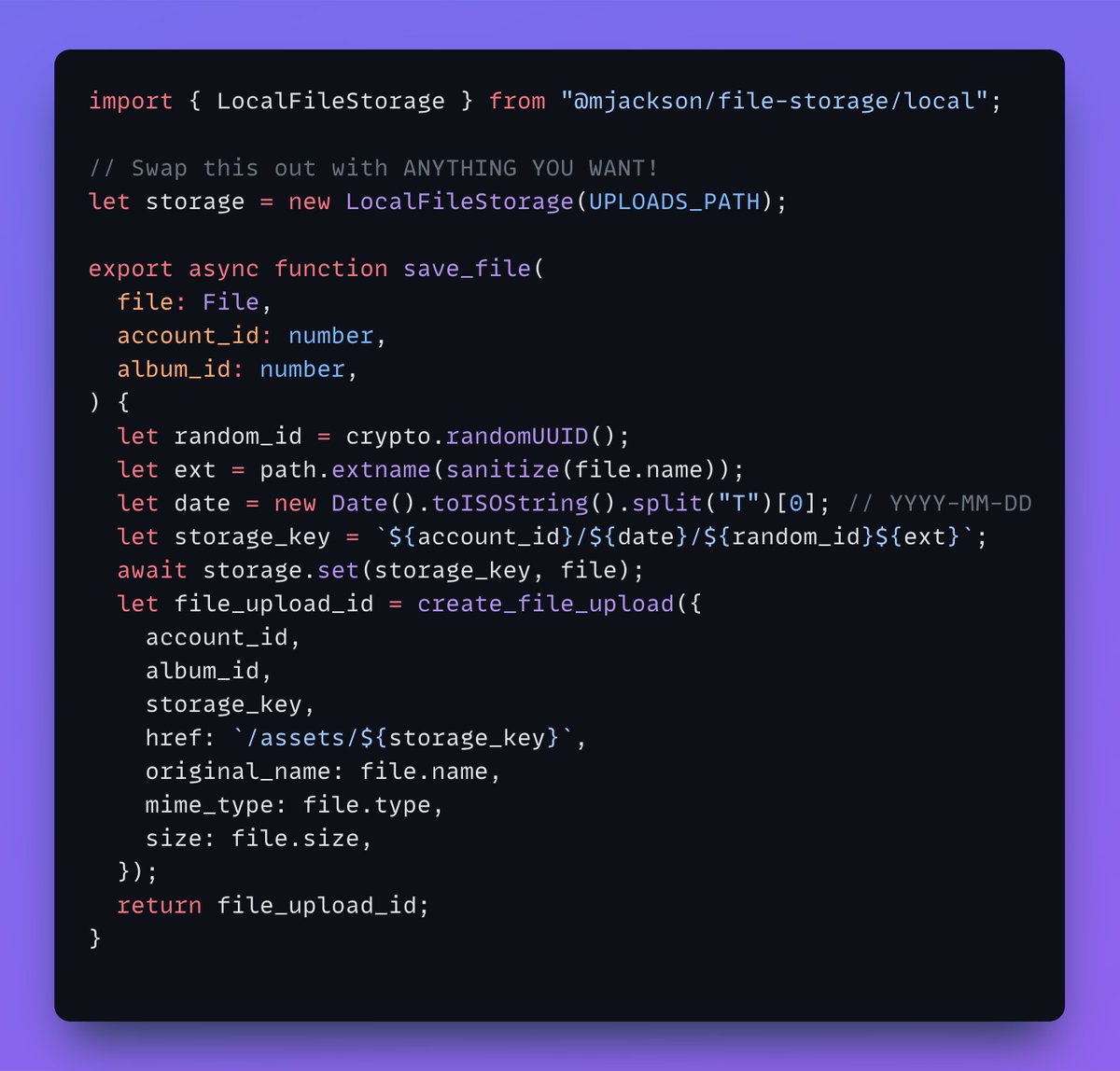 Check this out:

- Familiar API. Working with files is as simple as working with URLSearchParams, FormData, and other web APIs: get/set/has

- Swap out this `storage` object for anything! In dev write to disk, in production write to S3 or D1 or Blink-182, app code doesn't care!