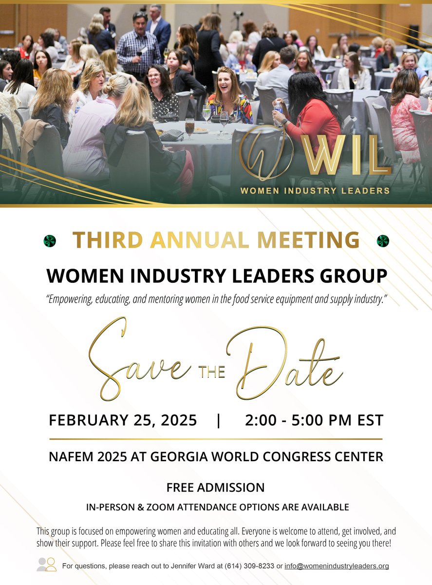 Save the Date! Join us for our 3rd Annual Women Industry Leaders Group (WIL) Meeting at NAFEM. ALL are welcome to attend, mark your calendars for February 25th, 2025 from 2-5pm. Registration and more details to be announced soon!
#NAFEM2025 #WomenIndustryLeaders #WIL