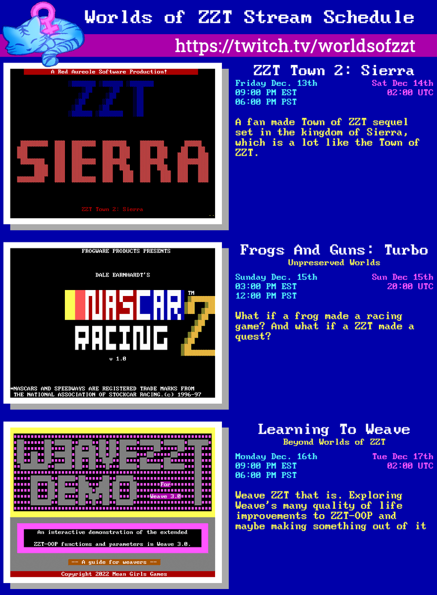 worldsofzzt's tweet photo. Let's play some ZZT! Check our schedule for this week below, and watch the streams at https://t.co/Z7EwNwboP8 #stream_schedule #zzt https://t.co/7aKw4wvdCy