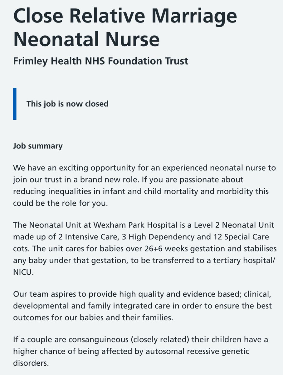 ArchRose90's tweet photo. It’s actually disgusting that the NHS has specific roles just for specialising in inbred babies, some offering salaries of about £50,000.

Cousin marriages seriously needs to be banned in the UK, insane that it already isn’t. https://t.co/LpS9mXXGmi
