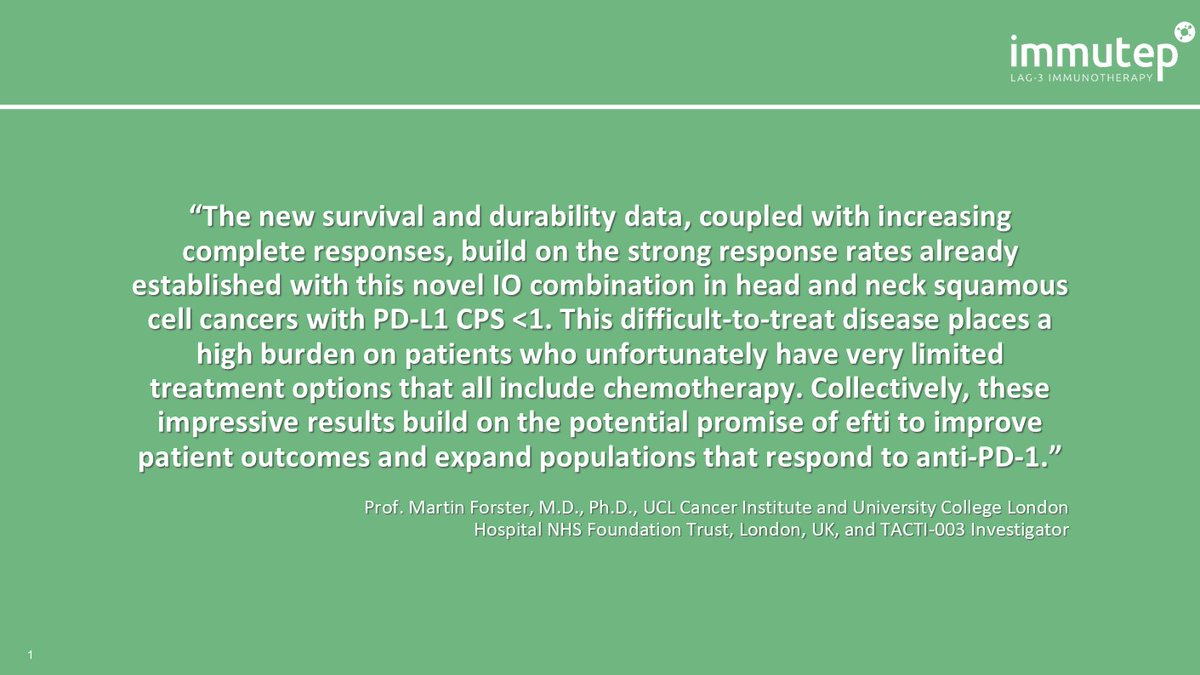 Immutep's tweet photo. @Immutep is proud to report new positive results from efti in combination with KEYTRUDA® at #ESMOIO2024 in first line #HNSCC patients with PD-L1 expression below 1 (CPS <1). Data shows strong overall &amp; progression-free survival and durability. 

Read more: https://t.co/uoHKNC1NL2 https://t.co/BHTZeJBpkG