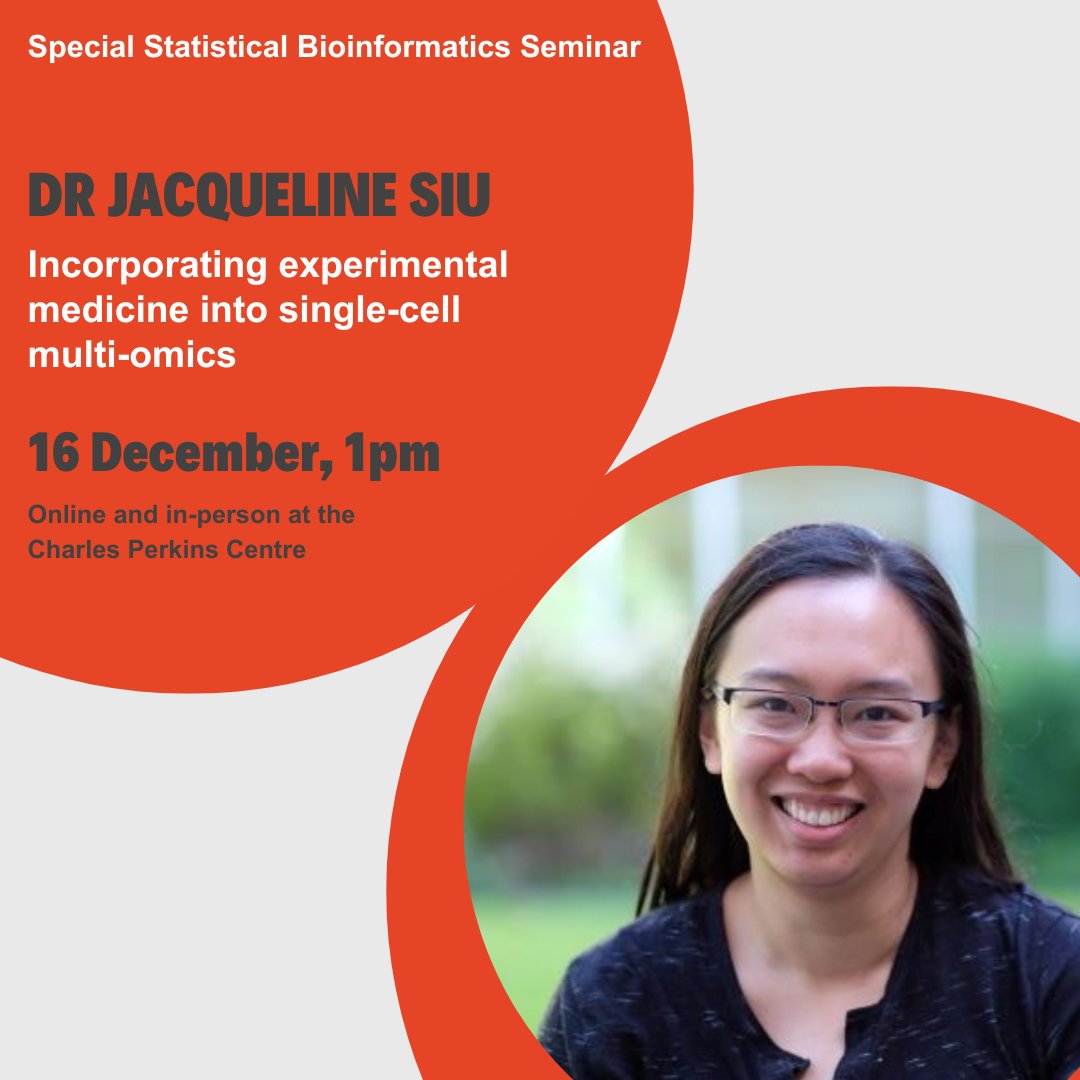 Sydney Precision Data Science Centre (@sydneybioinfo) on Twitter photo There's no better way to end an incredible year than with a special Statistical Bioinformatics seminar featuring Dr Jacqueline Siu from <a href="/UniofOxford/">University of Oxford</a>.✨
She will present Incorporating experimental medicine into single-cell multi-omics.🧬
🔗 More details: bit.ly/4fgDJYe There's no better way to end an incredible year than with a special Statistical Bioinformatics seminar featuring Dr Jacqueline Siu from <a href="/UniofOxford/">University of Oxford</a>.✨
She will present Incorporating experimental medicine into single-cell multi-omics.🧬
🔗 More details: bit.ly/4fgDJYe