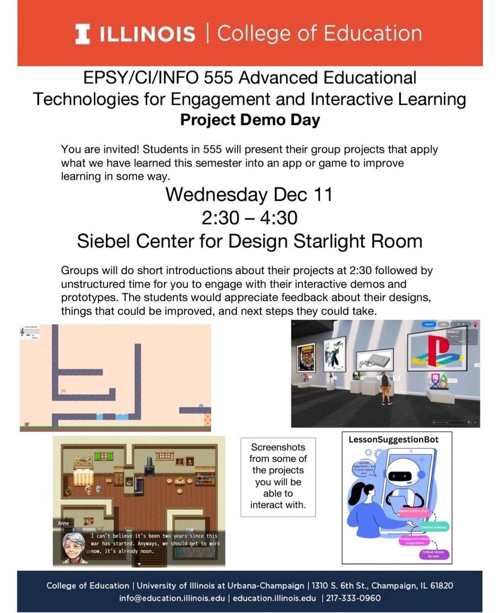 EPSYatIllinois's tweet image. Today was a busy day for our students! 

Also today, EPSY 555, taught by Dr. Cynthia D&apos;Angelo, had their end of semester expo. Students were tasked with developing a technological tool to facilitate learning