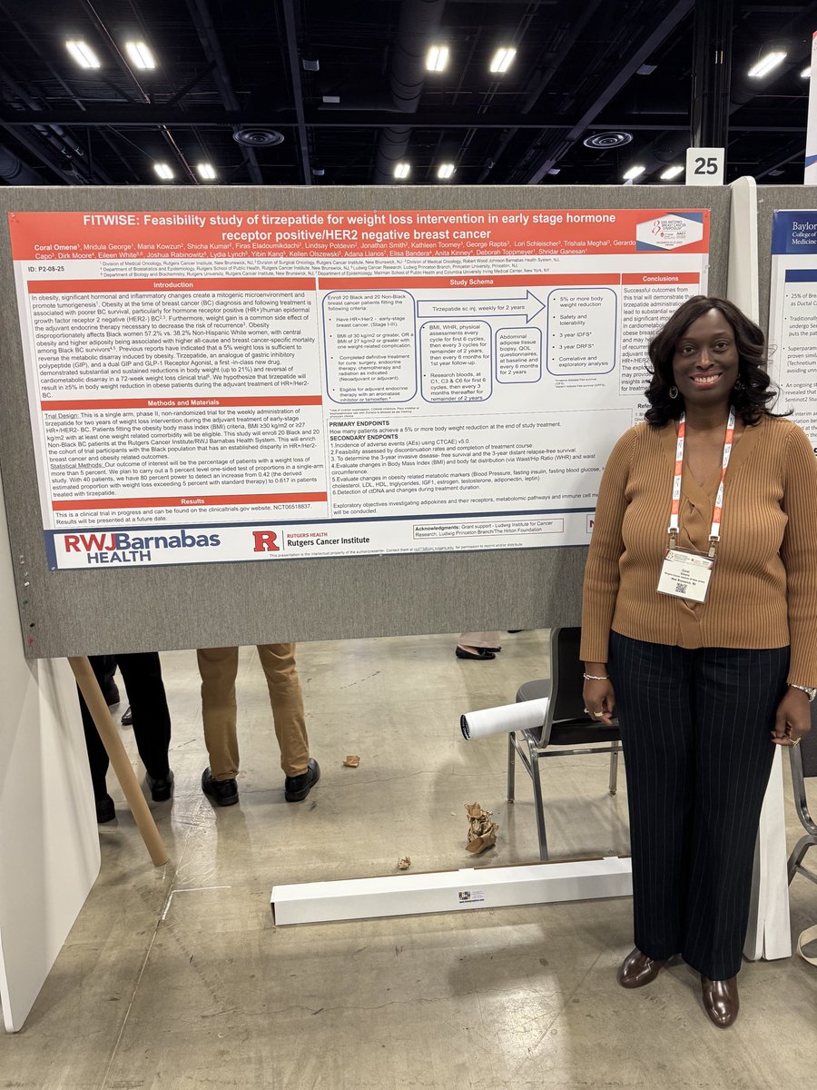 Coral Omene, MD, PhD (@omene_co) on Twitter photo Happening Now!
P2-08-25
Learn more about ongoing Ph2 study evaluating Tirzepatide for weight loss in HR+/HER2 neg EBC <a href="/RutgersCancer/">Rutgers Cancer Institute</a> <a href="/RWJUH/">Robert Wood Johnson University Hospital</a> #sabcs24 <a href="/OncoAlert/">OncoAlert</a> #bcsm Happening Now!
P2-08-25
Learn more about ongoing Ph2 study evaluating Tirzepatide for weight loss in HR+/HER2 neg EBC <a href="/RutgersCancer/">Rutgers Cancer Institute</a> <a href="/RWJUH/">Robert Wood Johnson University Hospital</a> #sabcs24 <a href="/OncoAlert/">OncoAlert</a> #bcsm