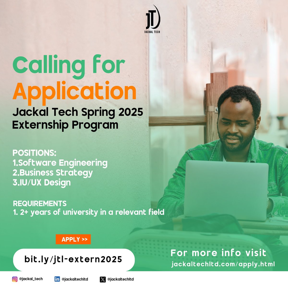 jackaltechltd's tweet photo. At Jackal Tech, we believe that technology holds the power to redefine the way we live, work, and grow. Apply now and take the first step towards a promising career in tech. Visit https://t.co/tcGFO8PbU1 for more details.

#opportunities #jackaltech 
@Trust46485201 @ema__vx https://t.co/jRKJFQXfJX