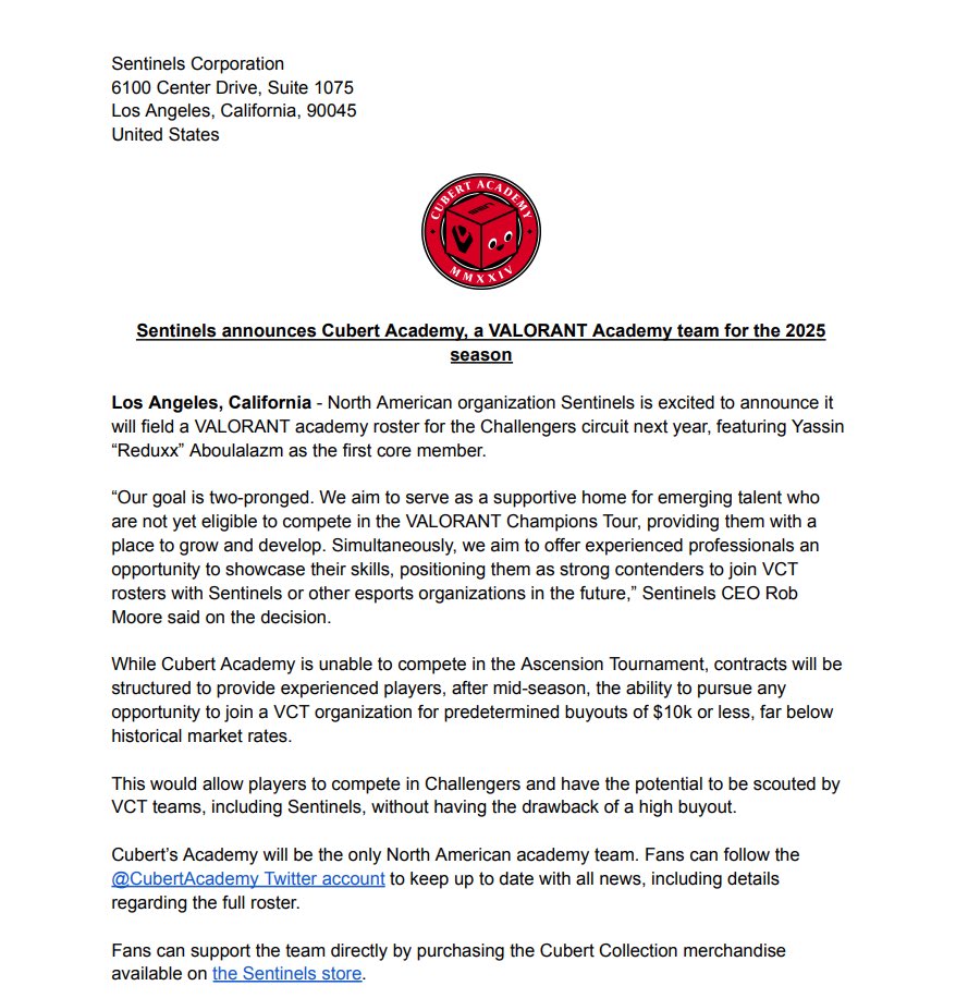 Sentinels will be launching an academy team in Challengers next year. Competing as <a href="/CubertAcademy/">Cubert</a> the team will feature <a href="/NotReduxx/">SEN reduxx</a> as its core player, with more details to be announced. We want to grow and develop young talent while nurturing experienced players. Read more below: