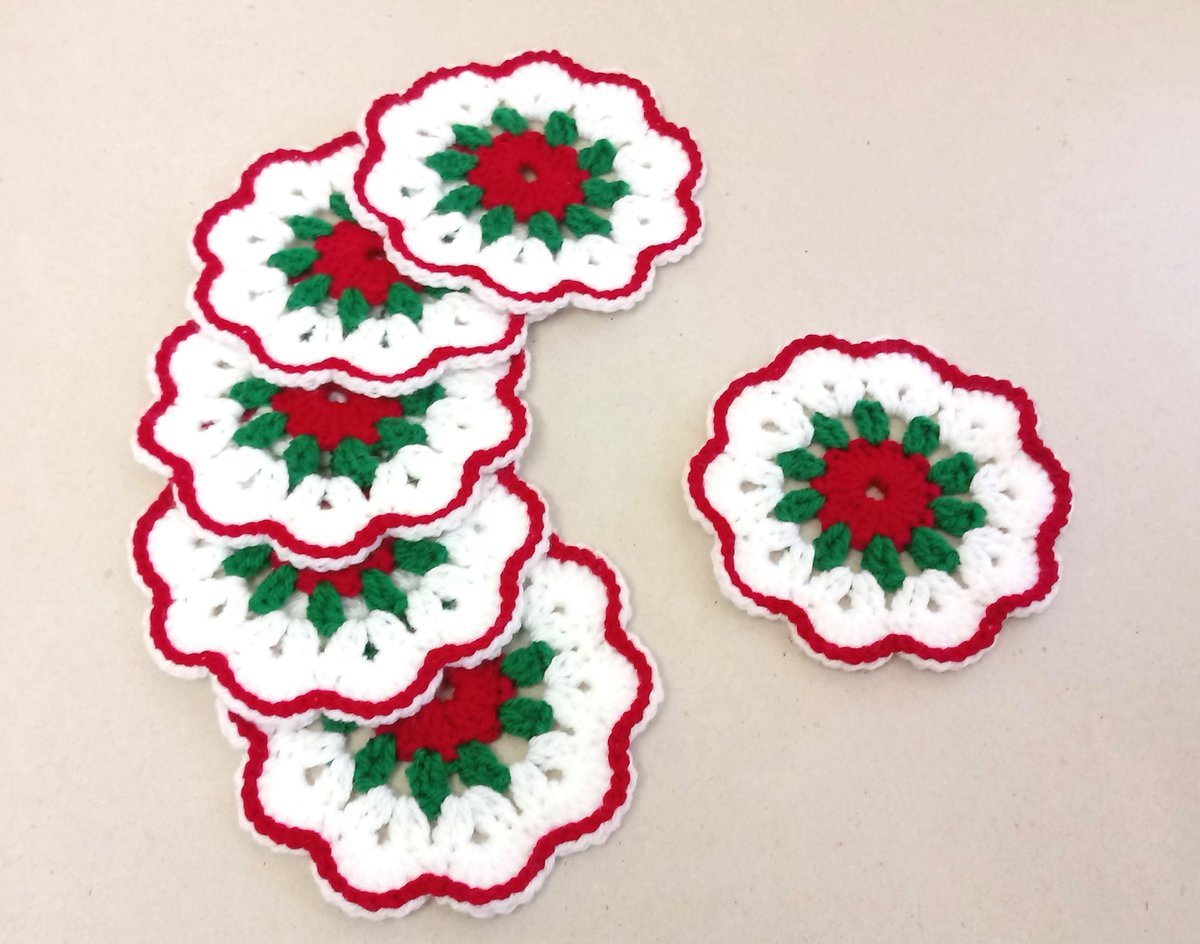 kernowclaire1's tweet photo. Christmas coasters in a white, red and green flower pattern. Set of six. Also available in red. A lovely handmade gift idea for Christmas. #giftforher #ooak #christmasgift #flowercoasters #christmascoasters #handmadeincornwall https://t.co/odOA0scmXe https://t.co/6ZWX1s3UVh