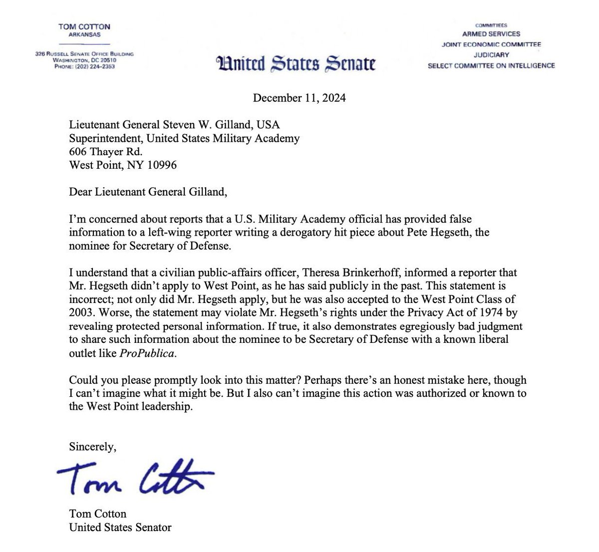 americasgreat's tweet photo. BREAKING: Senator Tom Cotton demands an investigation into West Point, apparently lying to leftwing journalists to undermine Pete Hegseth.

Theresa Brinkerhoff. the West Point public affairs officer seems to be the ones who didn't tell the truth about Hegseth. https://t.co/U3K5MkOFgE
