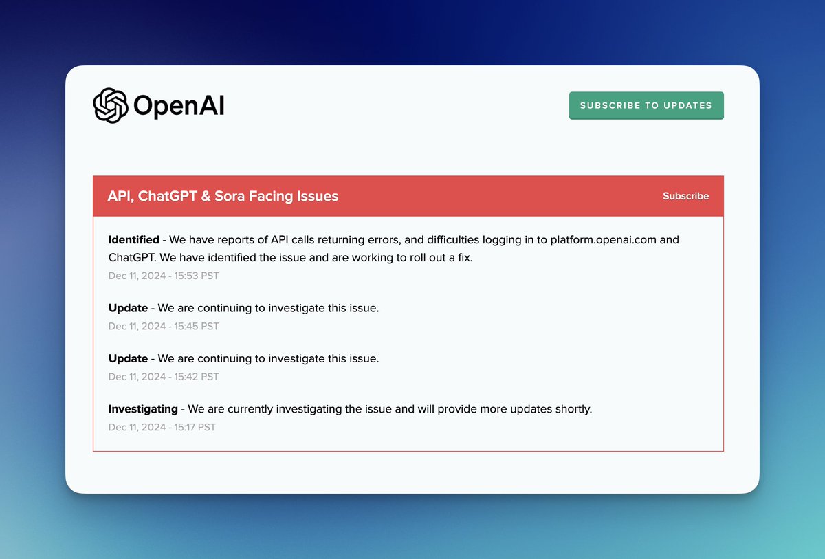AbrarTheCrypto_'s tweet photo. 🔴 JUST IN || ChatGPT is currently experiencing a temporary outage 

After WhatsApp, Facebook and Instagram now ChatGPT/OpenAI is down 😁 

➡️Source: https://t.co/JIuol3YnQD

BTW, @X never down 😎😎