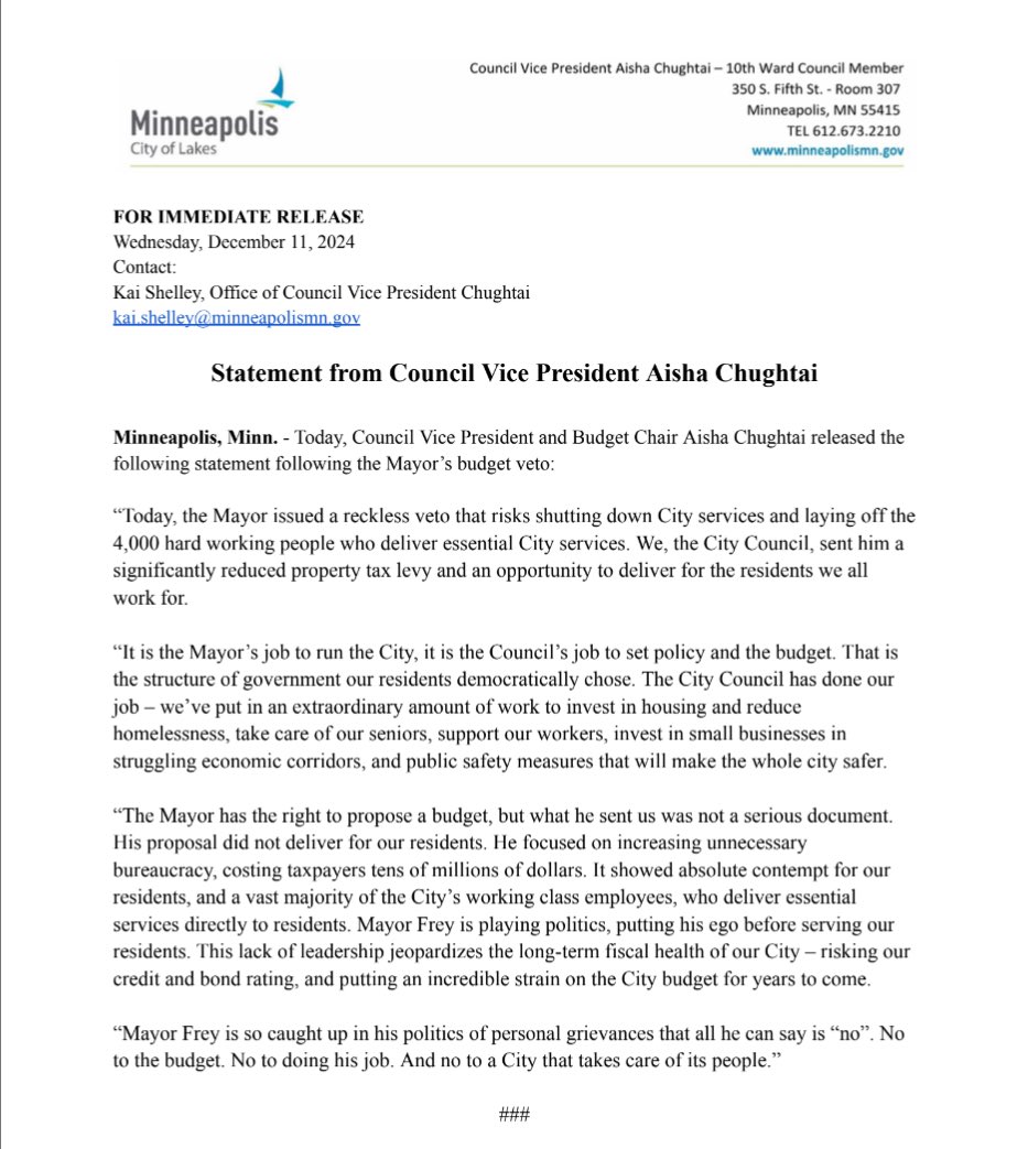 My statement on Mayor Frey’s veto of the 2025 City Budget: