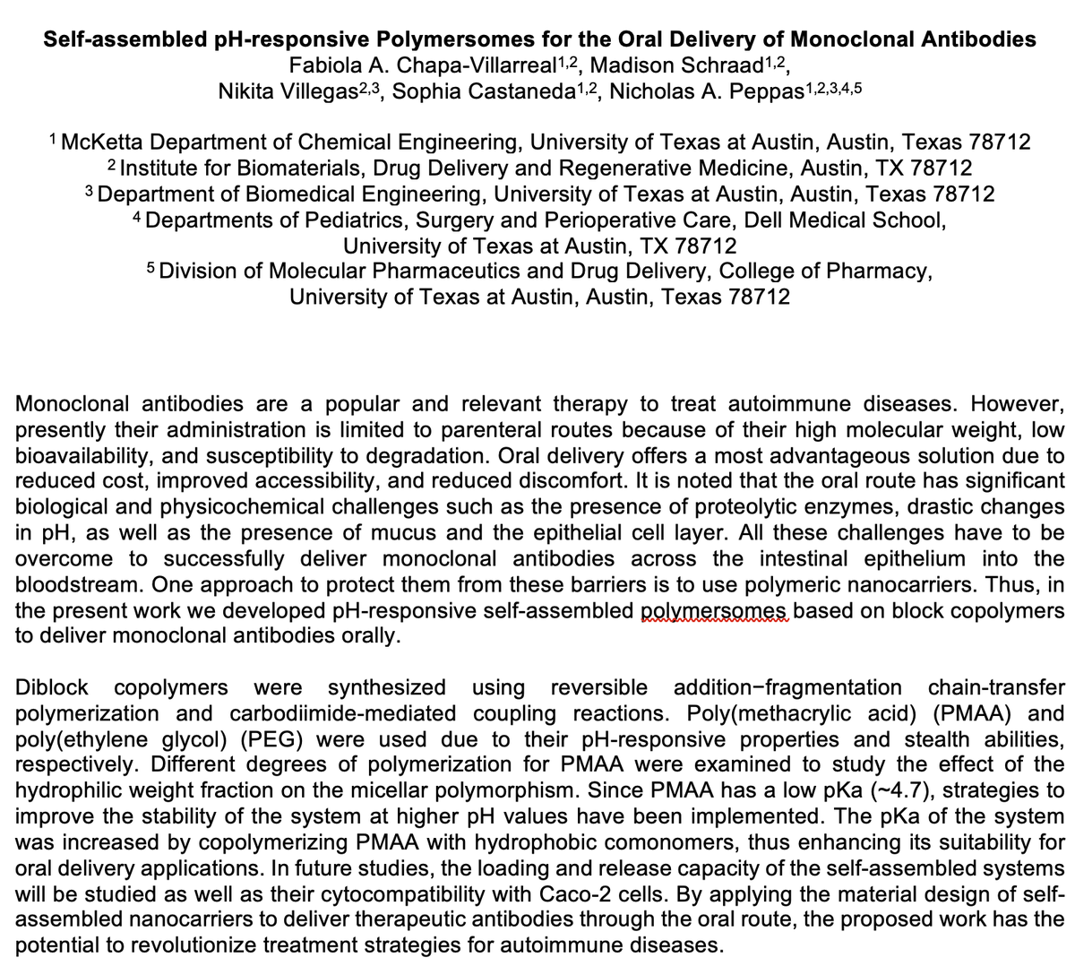 Nicholas A. Peppas (@npeppas) on Twitter photo Next Tuesday at the US-Japan Drug Delivery meeting in Maui, HI "Self-assembled pH-Responsive Polymersomes for the Oral Delivery of Monoclonal Antibodies" by <a href="/fabiolachapav/">Fabiola Chapa Villarreal</a> Chapa-Villarreal, Madison Schraad, Nikita Villegas, Sophia Castaneda, <a href="/NPeppas/">Nicholas A. Peppas</a> Next Tuesday at the US-Japan Drug Delivery meeting in Maui, HI "Self-assembled pH-Responsive Polymersomes for the Oral Delivery of Monoclonal Antibodies" by <a href="/fabiolachapav/">Fabiola Chapa Villarreal</a> Chapa-Villarreal, Madison Schraad, Nikita Villegas, Sophia Castaneda, <a href="/NPeppas/">Nicholas A. Peppas</a>