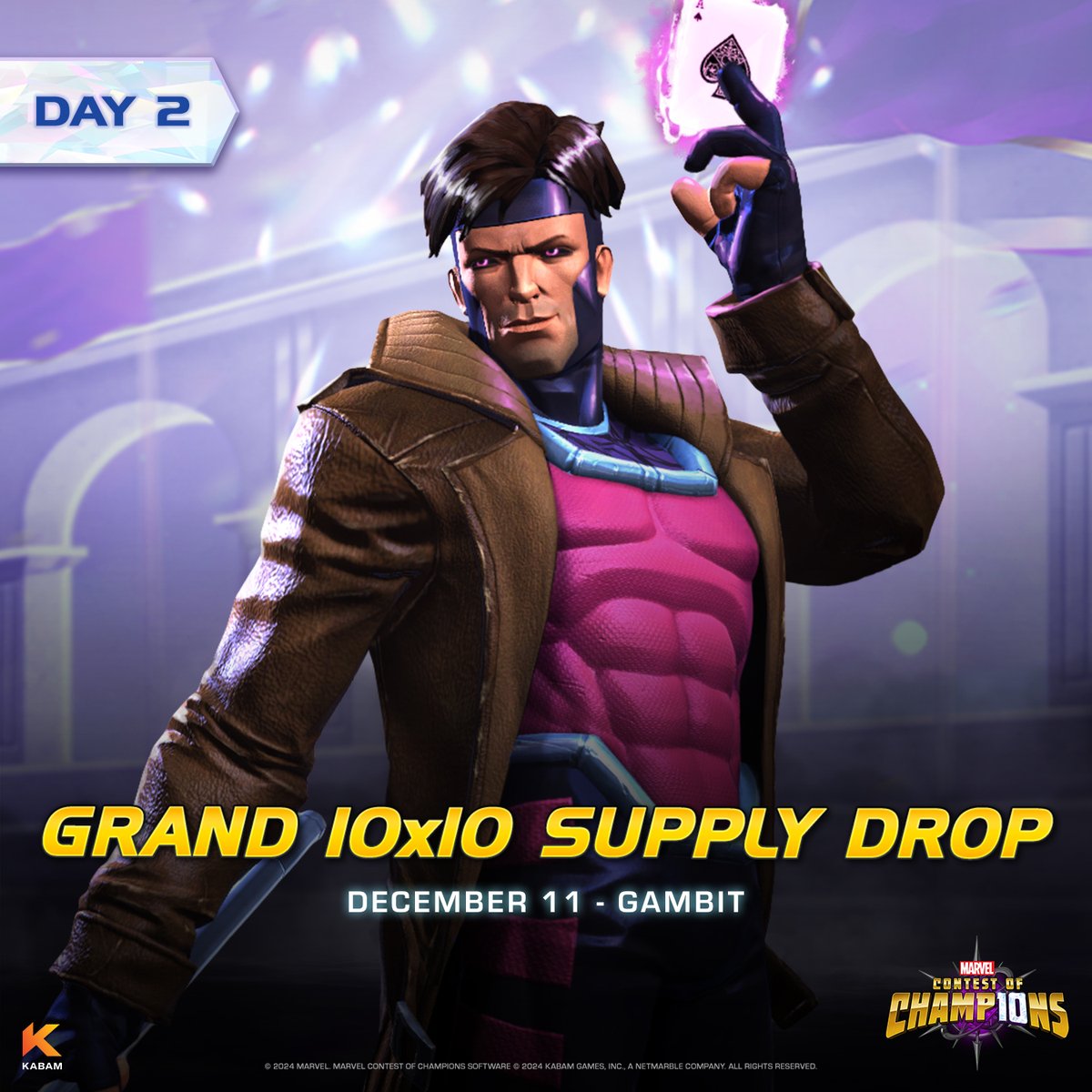 Raised on the streets of New Orleans, Gambit wields kinetic-charged cards and a scoundrel’s charm! 🃏✨ 

Now fighting for mutantkind (and the occasional heist), he’s yours FREE—log in today to claim Gambit! 💥