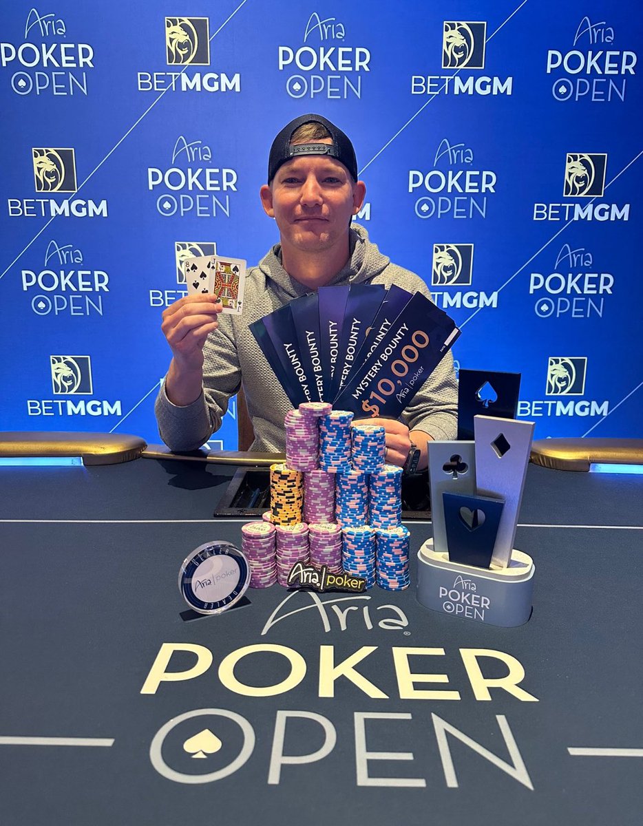 ARIAPoker's tweet photo. Christopher Lewis (@seven9ten) of Milton, GA outlasted a field of 225 entries to claim victory in @BetMGM ARIA Poker Open Event #7: $800 NLH Mystery Bounty on Tuesday, December 10th. 

For the win, Chris earned $36,275, including $15,500 in bounties, and the coveted APO Trophy! https://t.co/qVITS3GUVR