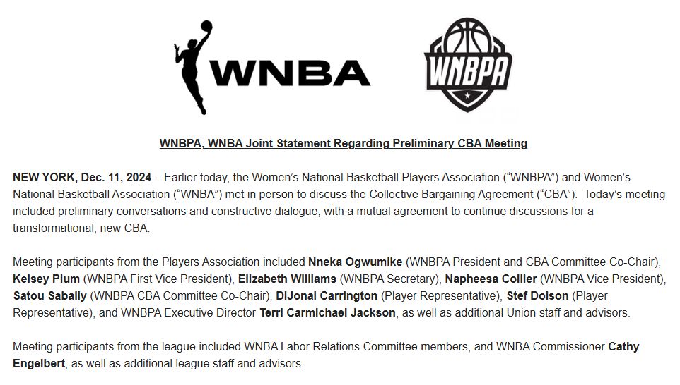 WNBPA, WNBA Joint Statement Regarding Preliminary CBA Meeting 
#WNBA