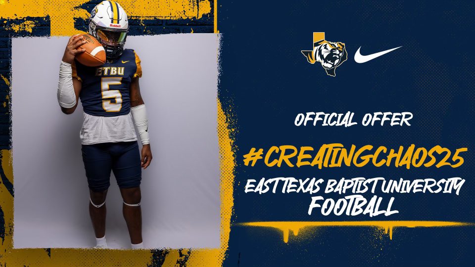TyShannon75's tweet photo. After a great conversation with @CoachJMoss4, I have been given an official offer to play football at East Texas Baptist University! Go Tigers! 🏈 @ETBUCoachRu 
@CoachHSmith @ETBU @kinchen_donald @ETBU_Football #ETXtough #seniorszn #TexasTigers #903Chaos #TigerFamily https://t.co/JIsOoZGLsy