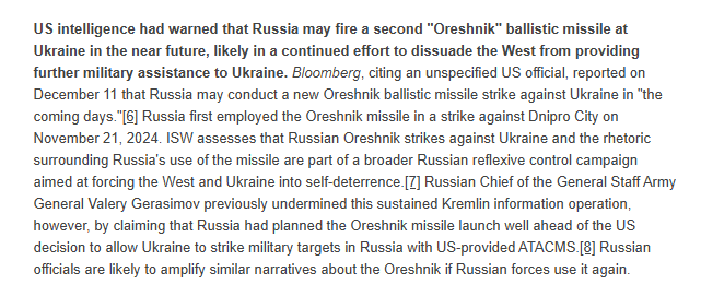 TheStudyofWar's tweet photo. US intelligence had warned that Russia may fire a second "Oreshnik" ballistic missile at Ukraine in the near future, likely in a continued effort to dissuade the West from providing further military assistance to Ukraine. 🧵(1/5) https://t.co/uOSA0Nc2AD