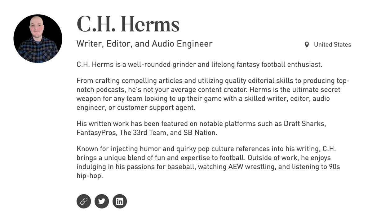 hey, it's Herms

I'm an experienced professional looking for an opportunity to join a team in the fantasy sports and/or sportswriting industry.

with experience as a writer, editor, audio engineer, and customer support agent, I can be a valuable asset in several capacities. (1/2)