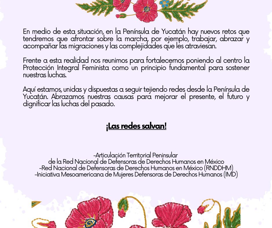 Mujeres periodistas y defensoras de derechos humanos de la Articulación Territorial Peninsular de la RNDDHM realizamos el II Encuentro Peninsular de la Red de Defensoras: “𝐓𝐞𝐣𝐢𝐞́𝐧𝐝𝐨𝐧𝐨𝐬 𝐞𝐧 𝐞𝐥 𝐭𝐞𝐫𝐫𝐢𝐭𝐨𝐫𝐢𝐨”🧶💜✊🏽

Pronunciamiento completo👇🏽

#LasRedesSalvan