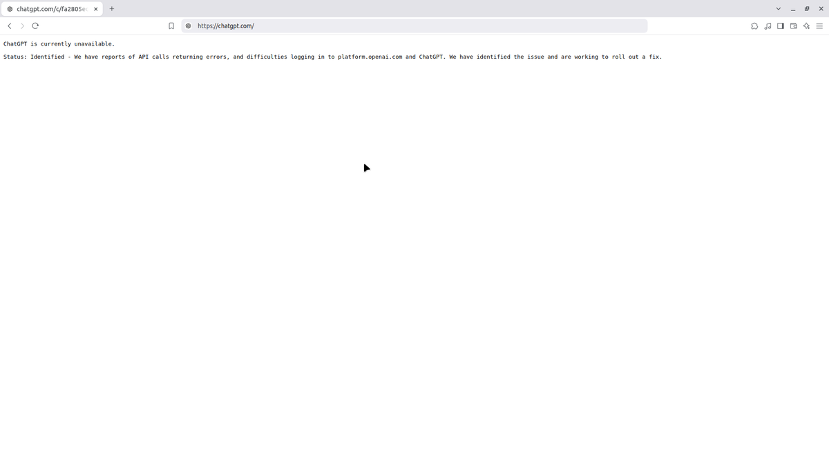 tomatldev's tweet photo. ChatGPT is down https://t.co/mOzUkPuLOB