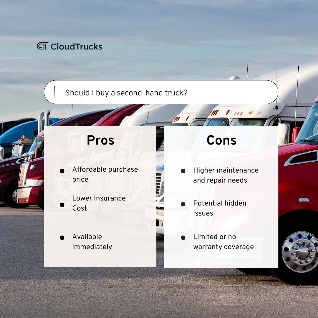 CloudTrucks's tweet image. Lower costs, immediate availability, affordable insurance—sounds like a win, right? 🚛 But what’s the catch? Learn about the pros &amp;amp; cons of buying a second-hand truck in our blog. 👉 buff.ly/4fbmpnz 

#TruckBuyingTips #CloudTrucks #TruckingLife #trucking #trucks #truckers