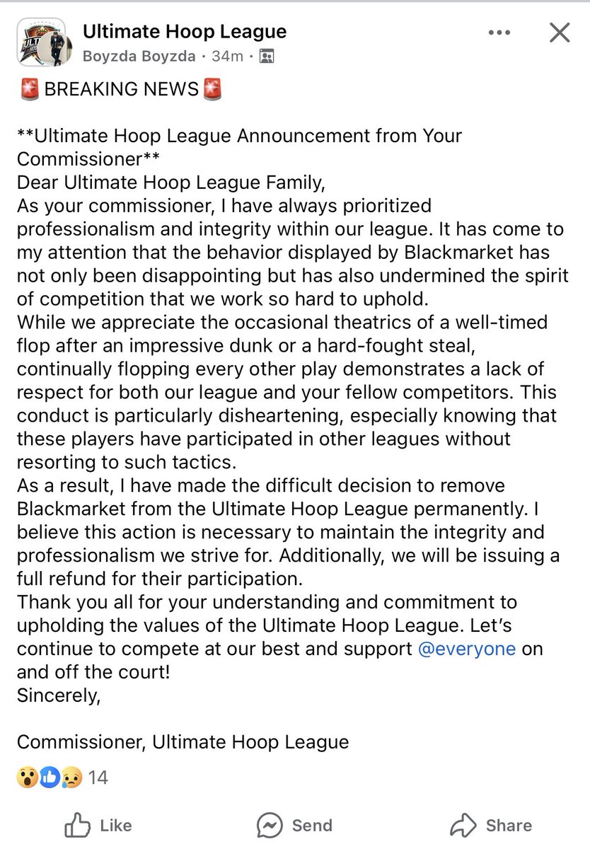 Just got kicked out of my first pro am league of NBA 2K25 due to virtual flopping during a regular season game. I really try to keep playing pro am but every year it gets harder.

For context the commissioner was the point guard on the other team. We were up 50 and just laughing