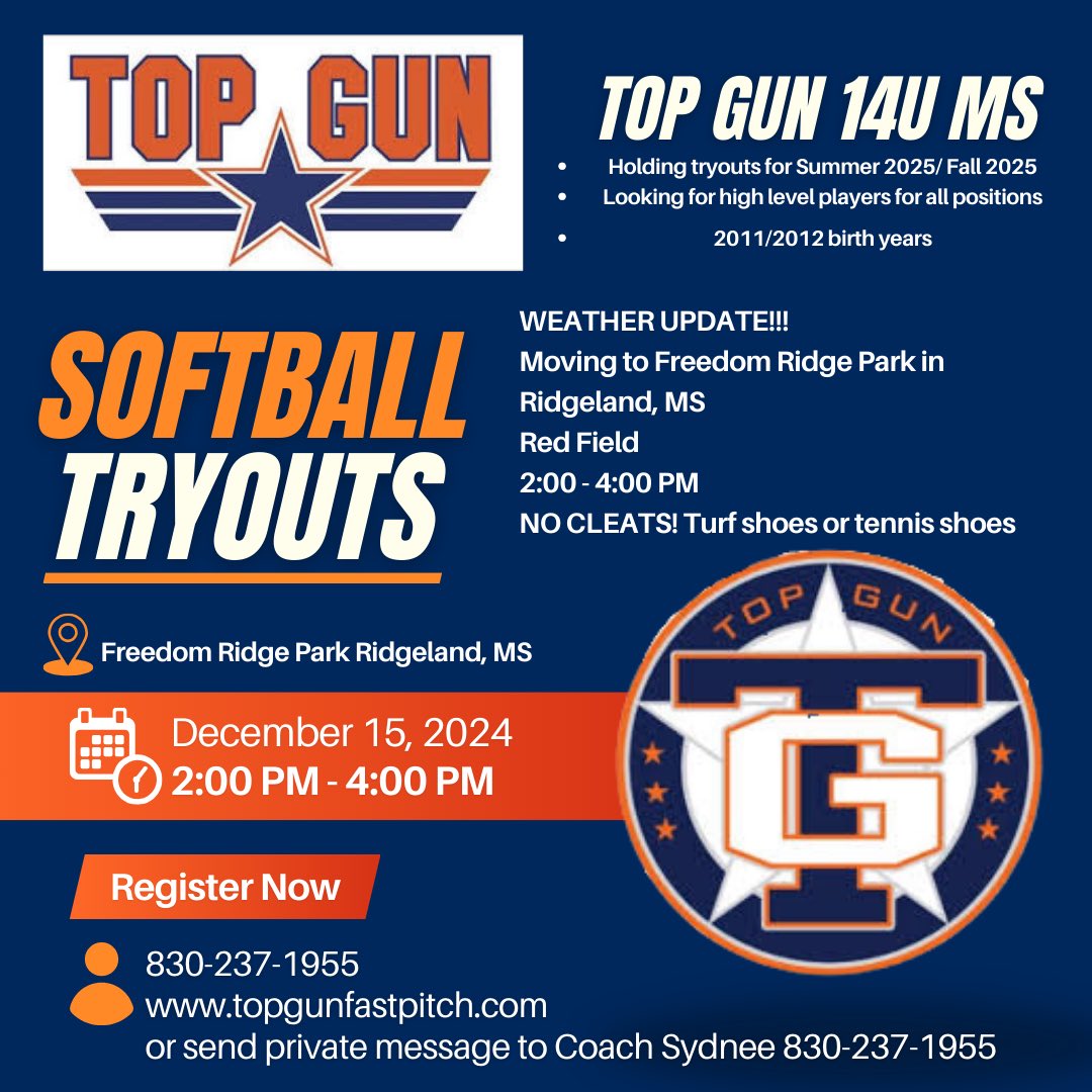 WEATHER UPDATE!!

With incoming rain, tryouts are moved to FREEDOM RIDGE PARK in Ridgeland, Mississippi 
This Sunday, December 15th 2:00-4:00 PM on Red Field 

<a href="/topgunfastpitch/">Top Gun Fastpitch</a> <a href="/TGNatGroves/">Top Gun National-Groves</a>