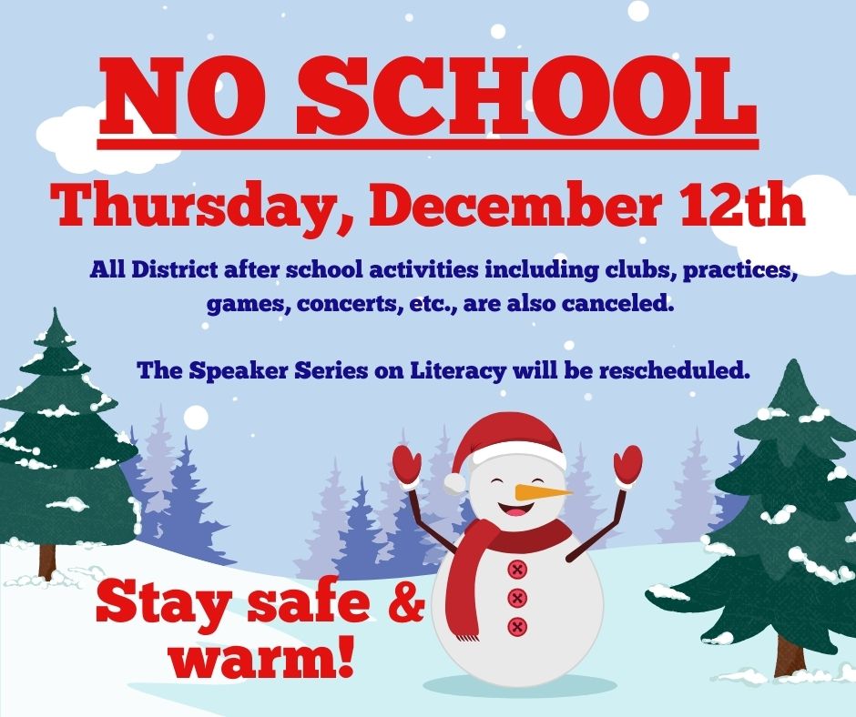 🚨❄️With the State of Emergency from Gov. Kathy Hochul, the incoming lake effect snow storm, and the uncertainty of how it will impact our area, there is NO SCHOOL on Thursday, Dec. 12th.

All after school activities are also canceled.

The Speaker Series will be rescheduled🚨❄️