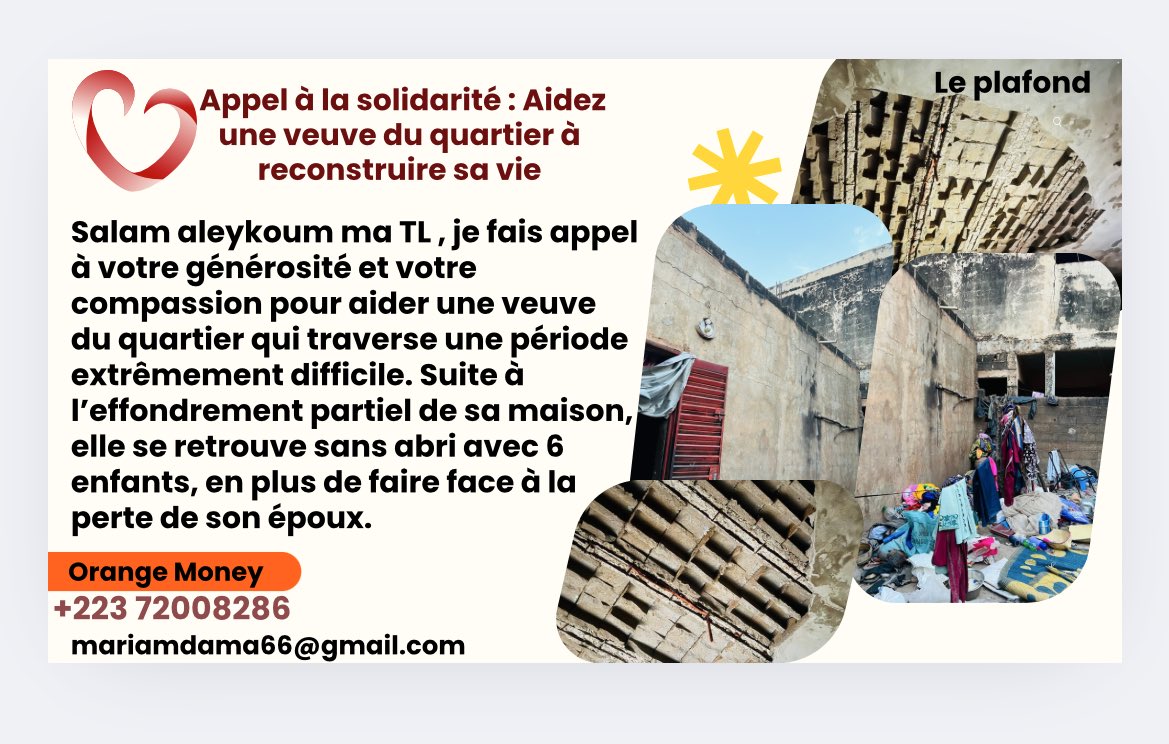 Mariamdama25's tweet photo. Salam aleykoum ma TL , je fais appel à votre générosité et votre compassion pour aider une veuve du quartier qui traverse une période extrêmement difficile. Suite à l’effondrement partiel de sa maison, 1/7 #TLML #solidarite #aide https://t.co/5PIZmc05Mj