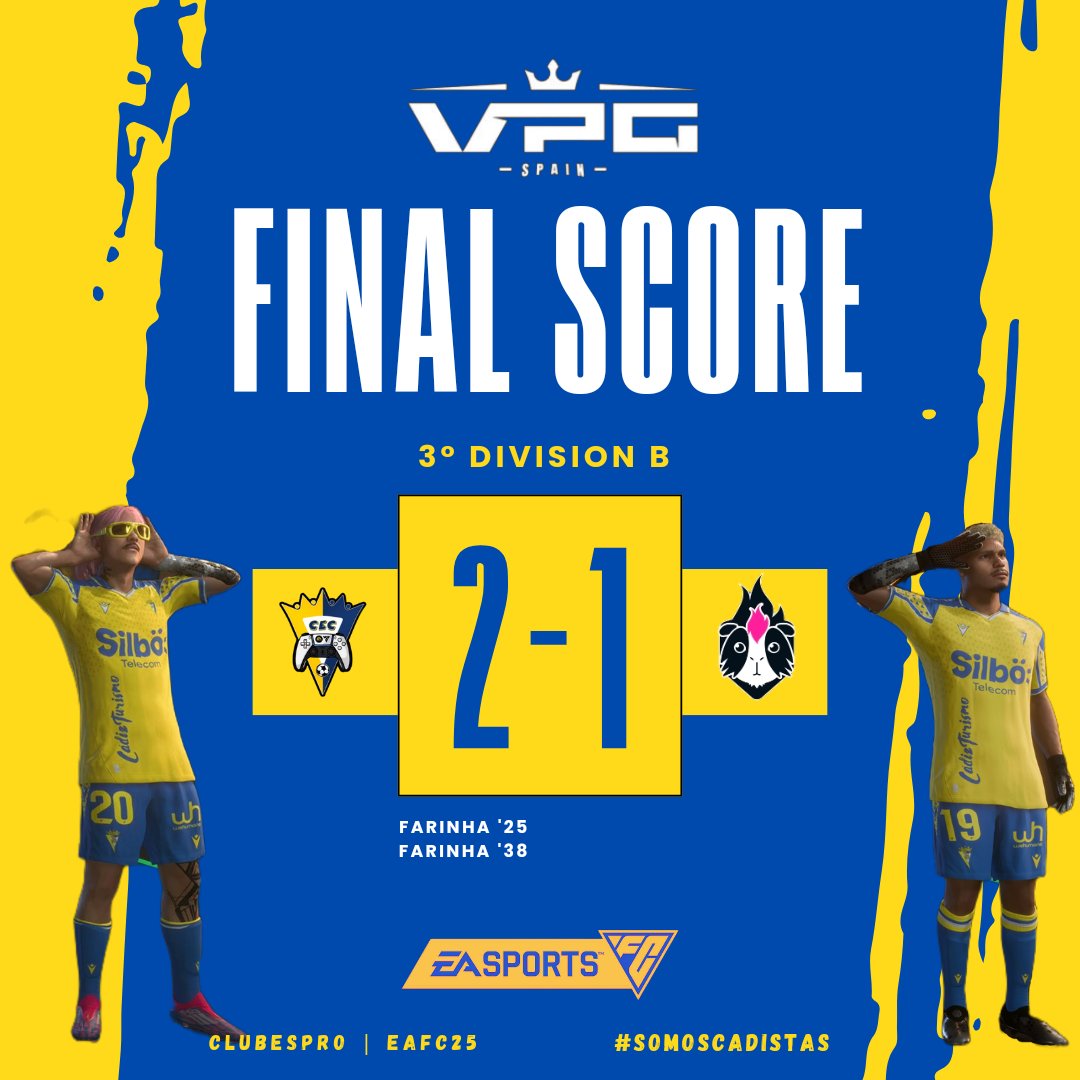 🔵 #CADISTASECLUB 🟡
         
          • 𝙍𝙀𝙎𝙐𝙇𝙏𝘼𝘿𝙊𝙎 •

🏆 <a href="/VPG_Spain/">Virtual Pro Gaming España</a> 3°B | 17° y 18° Jor.

🎮 - 🆚️ <a href="/BeastTeameSport/">Beast Team eSport</a> ❌️
🎮 - 🆚️ <a href="/GuineaPinkClub/">Guinea Pink 🏳️‍🌈</a> ✅️

🗣🎙<a href="/vadepolen/">Farinely🦍🏴‍☠️</a>  | "Seguimos cogiendo buenas sensaciones contento con mis guerreros veo al equipo motivado"🔜💛