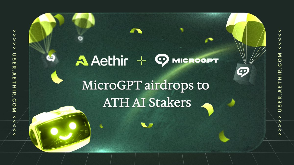 Exclusive alpha from our frens at MicroGPT is here 🥳

The <a href="/Micro_GPT/">MicroGPT</a> drop for ATH-AI pool stakers is LIVE 🚀

Follow the steps and claim these sweet rewards ⬇️
1️⃣ Head over to the Aethir EcoDrop page 👇 
user.aethir.com/ecosystem/clai…
2️⃣ Connect your wallet 🔗
3️⃣ Check your eligible