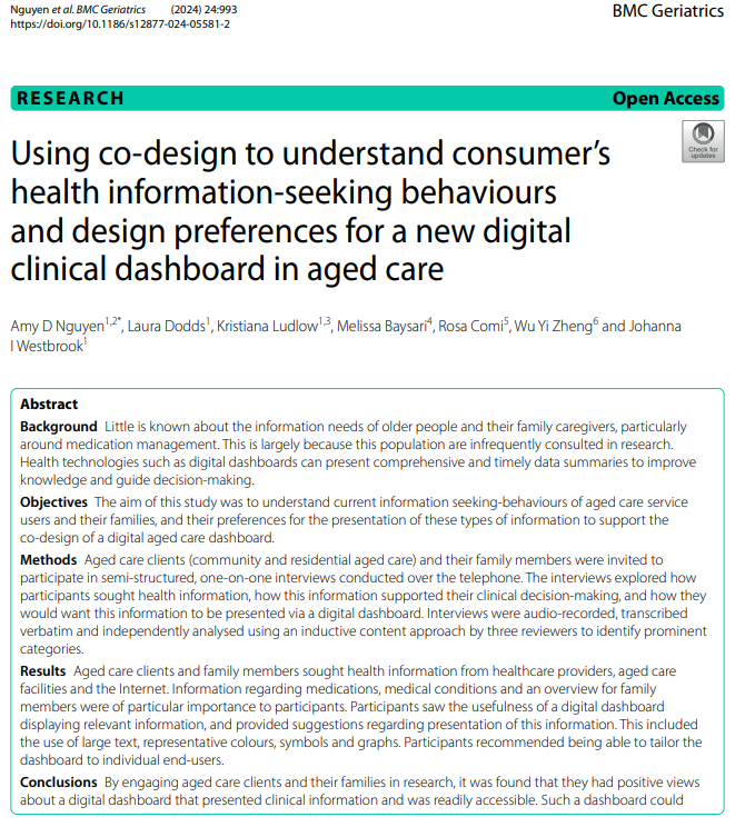 Dr Kristiana Ludlow (@ludlowkristiana) on Twitter photo 🚨New research!
Aged care clients (community, residential) + family shared their design ideas and preferences for co-designing a new aged care digital dashboard of integrated client data, real-time predictive risk models and decision support. <a href="/AIHI_MQ/">Australian Institute of Health Innovation</a>
pmc.ncbi.nlm.nih.gov/articles/PMC11… 🚨New research!
Aged care clients (community, residential) + family shared their design ideas and preferences for co-designing a new aged care digital dashboard of integrated client data, real-time predictive risk models and decision support. <a href="/AIHI_MQ/">Australian Institute of Health Innovation</a>
pmc.ncbi.nlm.nih.gov/articles/PMC11…