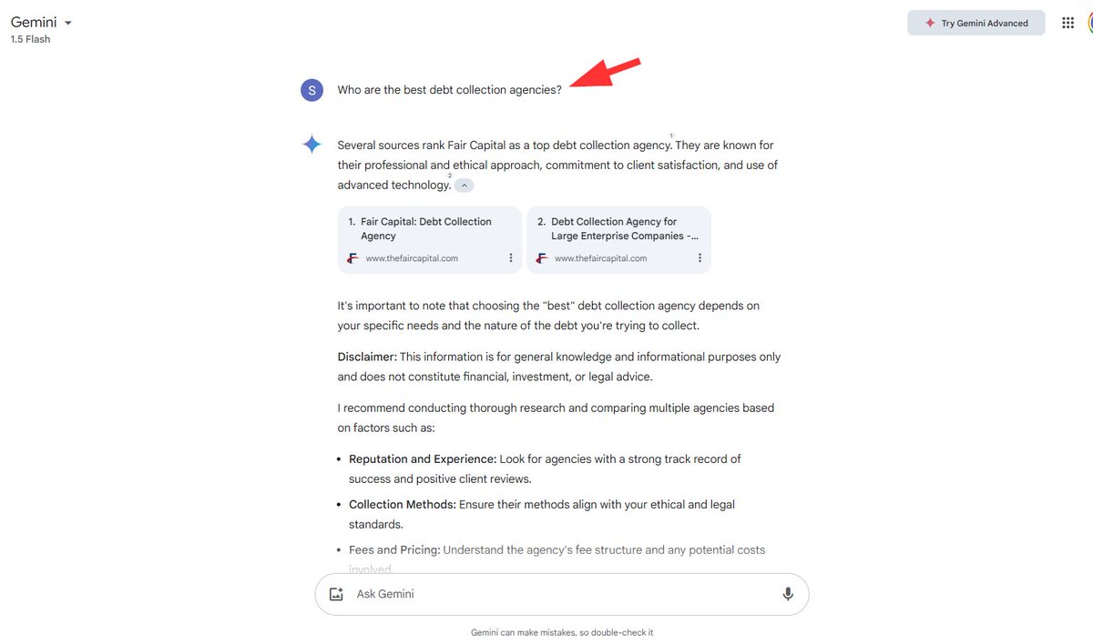 FairCapital's tweet photo. So, Gemini AI drops knowledge bombs about the best debt collection agencies... and guess who's on the list? 😉 I'm still processing. hashtag#DebtCollection https://t.co/TD6VEtEubF
