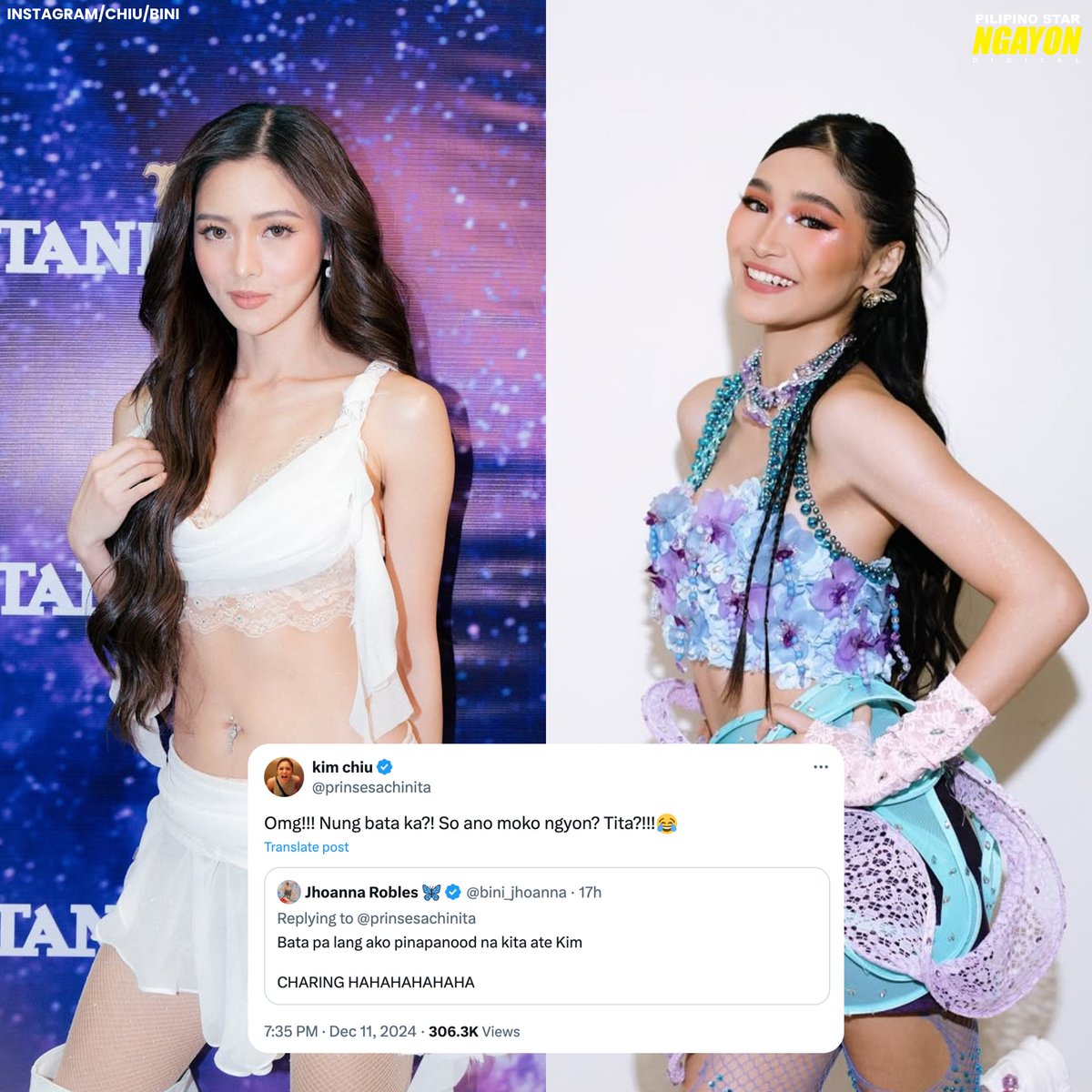 'SO ANO MO [AKO] NGAYON? TITA?! 😂'

Iyan ang hirit ng TV personality na si Kim Chiu sa BINI leader na si Jhoanna sa isang post social media platform na X.

"Bata pa lang ako pinapanood na kita ate Kim. CHARING HAHAHAHAHAHA," saad ni Jhoanna sa X.
