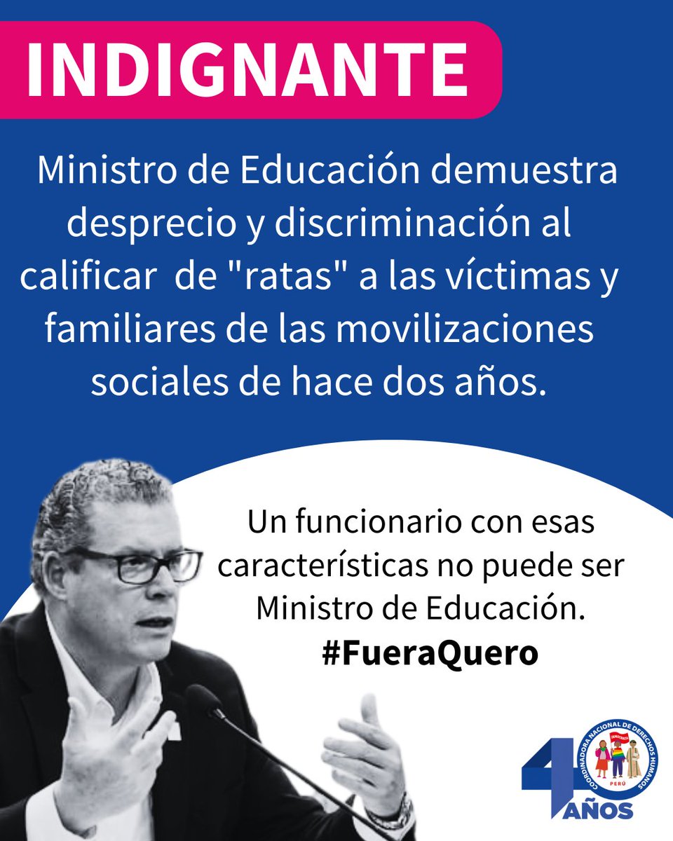🔴#URGENTE
Una vez más, el ministro de Educación, Morgan Quero, demuestra su desprecio y discriminación. 
Ahora, agredió a las víctimas y familiares de las protestas de hace dos años calificandolas de “ratas”.

❌Un funcionario de esas características no puede ser el responsable