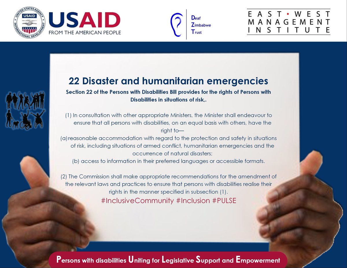 DeafZimTrust's tweet image. Section 22 of the Persons with Disabilities Bill provides for the rights of Persons with Disabilities in situations of risk.

#InclusiveCommunity #Inclusion #PULSE
@UsaidZimbabwe
@ewmiorg 
@CEAAZim 
@263Chat 
@3KtvZim 
@capitalkfm 
@DailyNewsZim 
@GenderZimbabwe 
@GwiziSoneni